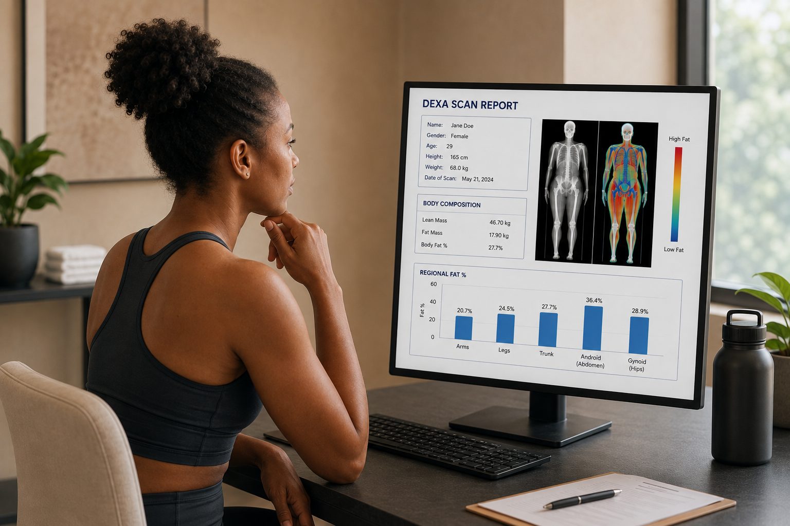 A guest reviewing DEXA scan results on a computer screen