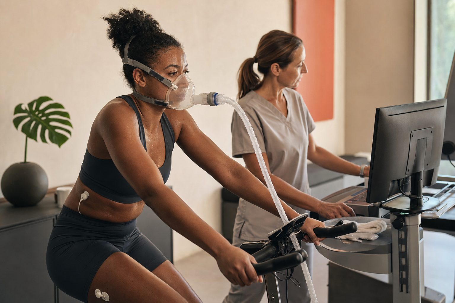 A guest cycling on a stationary ergometer wearing a breathing mask connected to a metabolic cart, while a technician monitors the readout